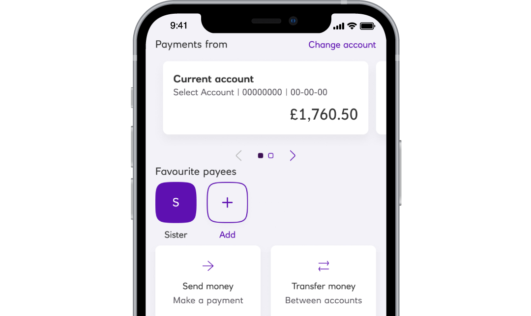 Image of payments home page displaying 'Favourite payees' and 'Send money' option